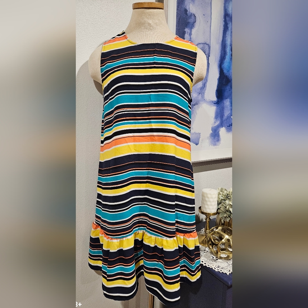 HALOGEN Multicolor Bold Horizontal Sleeveless Ruffle Hem Mini-length Shift Dress